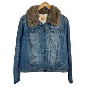 Ruff Hewn 90s Y2K Faux Fur Collar Denim Jacket Women L Blue Western Sherpa Lined